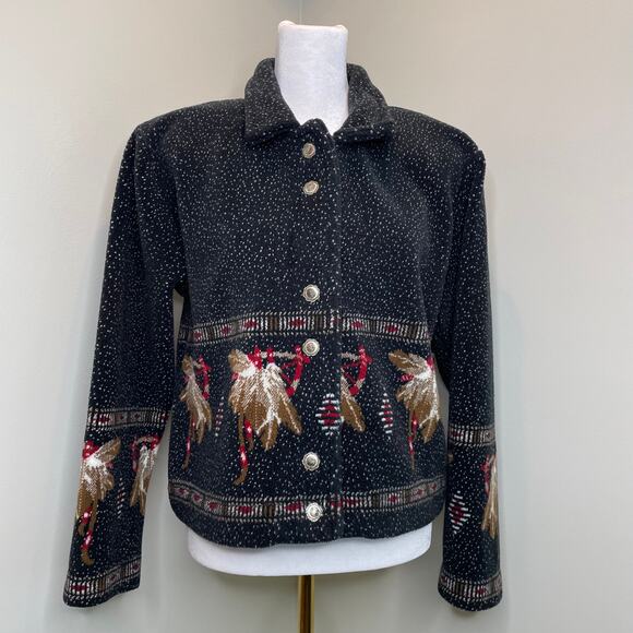 Vtg Native American Black Red Tribal Feather Plush Jacket County Clothing Co M - Picture 1 of 9